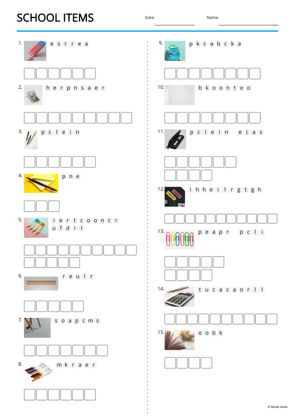 Picture-supported anagrams for 15 school items, including eraser, sharpener, pencil, and correction fluid