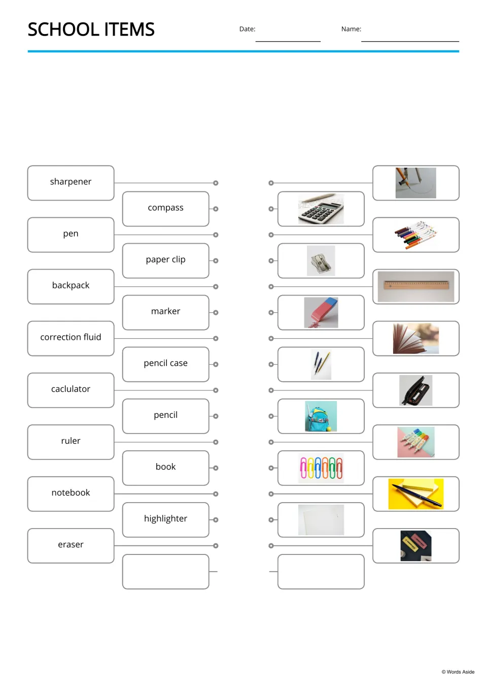 Word-to-picture matching for 15 school items, including compass, paper clip, backpack, and pencil case