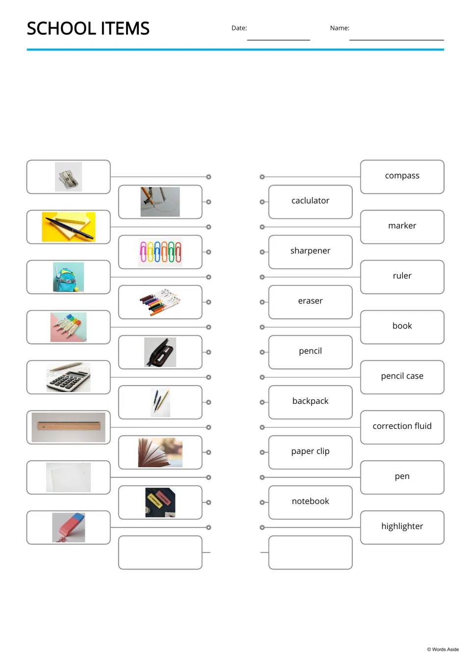 Picture-to-word matching for 15 school items, including sharpener, pen, ruler, notebook, and highlighter