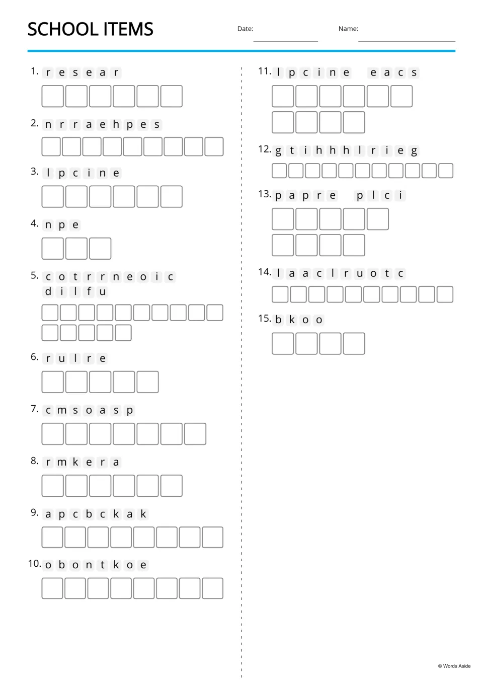Text-only anagrams for 15 school-item terms, including eraser, correction fluid, pencil case, and book