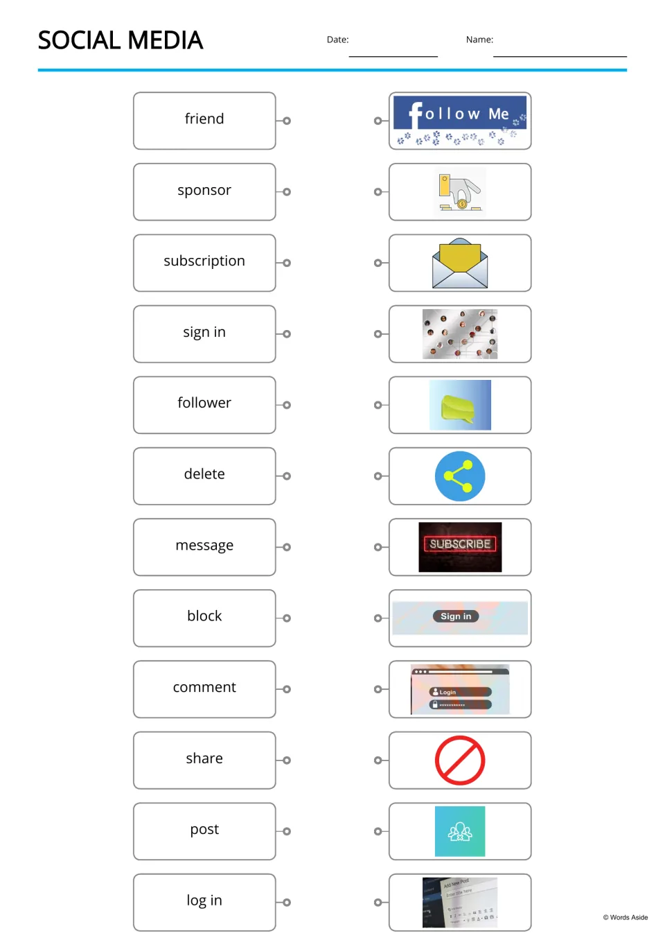 Word-to-picture matching for 12 social media terms, including friend, sponsor, subscription, and sign in