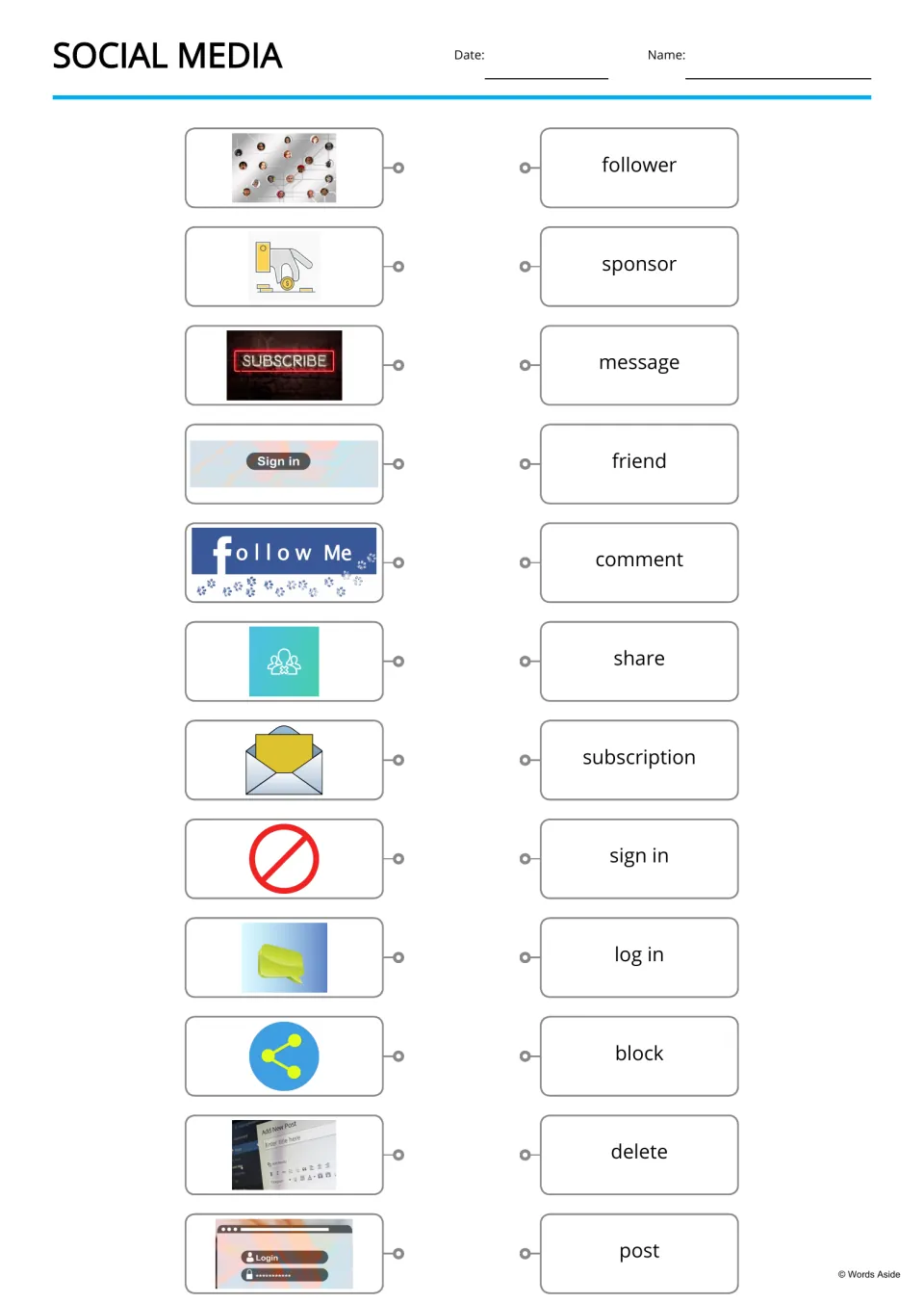 Picture-to-word matching for 12 social media terms, including follower, sponsor, message, and friend