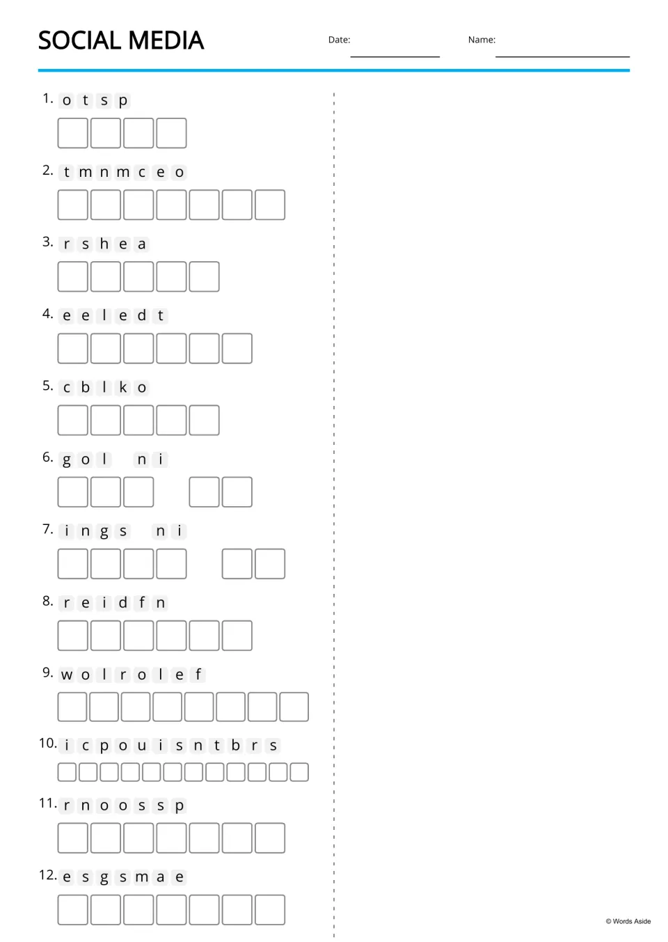 Text-only anagrams for 12 social media terms, including post, comment, share, delete, block, and log in