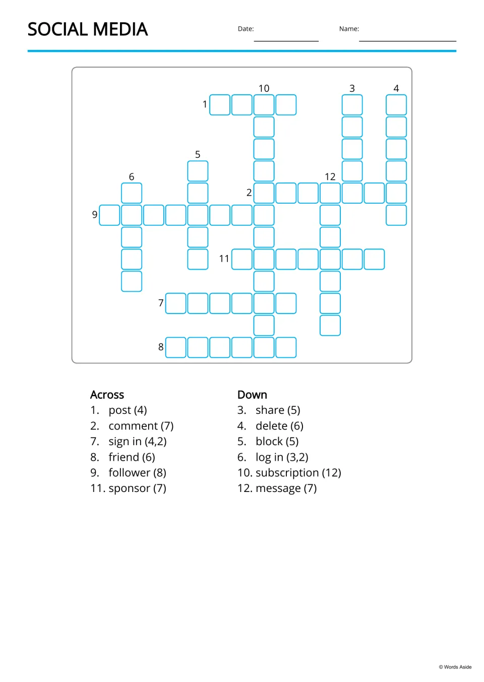 Copy-word crossword for 12 social media terms, with across and down lists including post and subscription