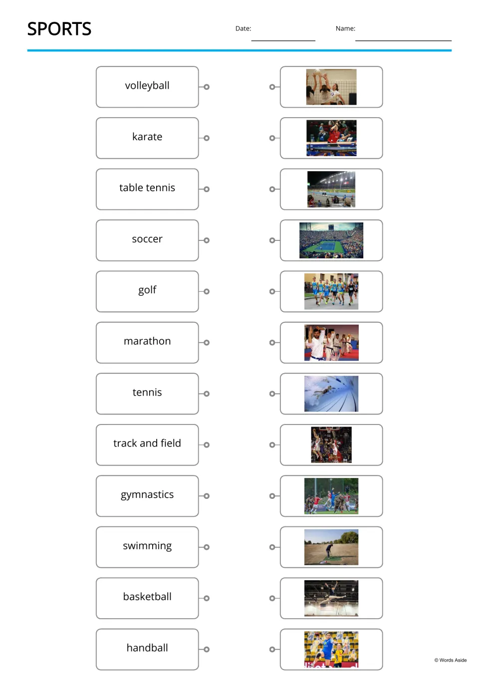 Sports word-to-picture matching activity pairs 12 names, including volleyball and karate, with sports photos