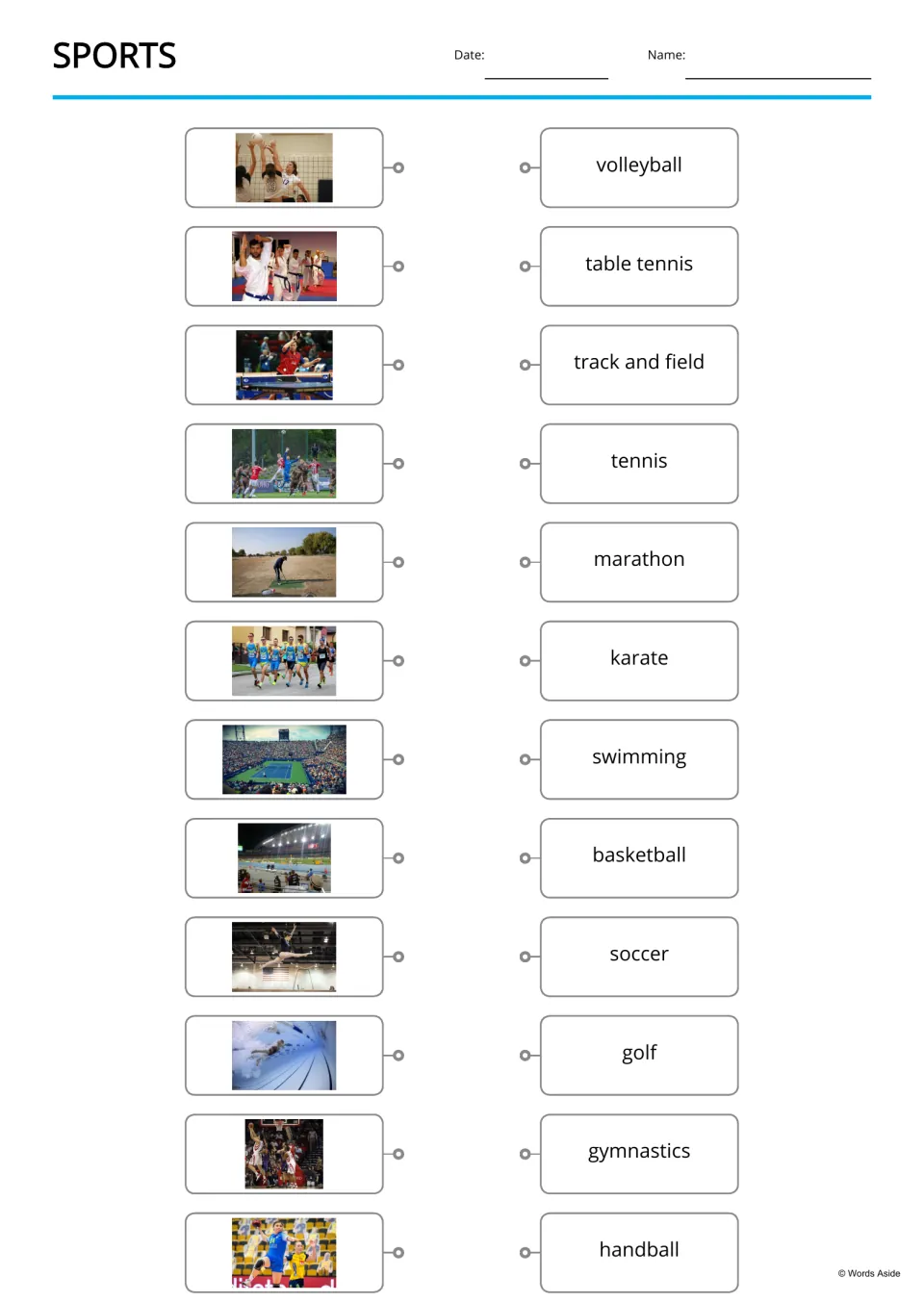 Sports picture-to-word matching activity pairs 12 photos with names, including table tennis and swimming