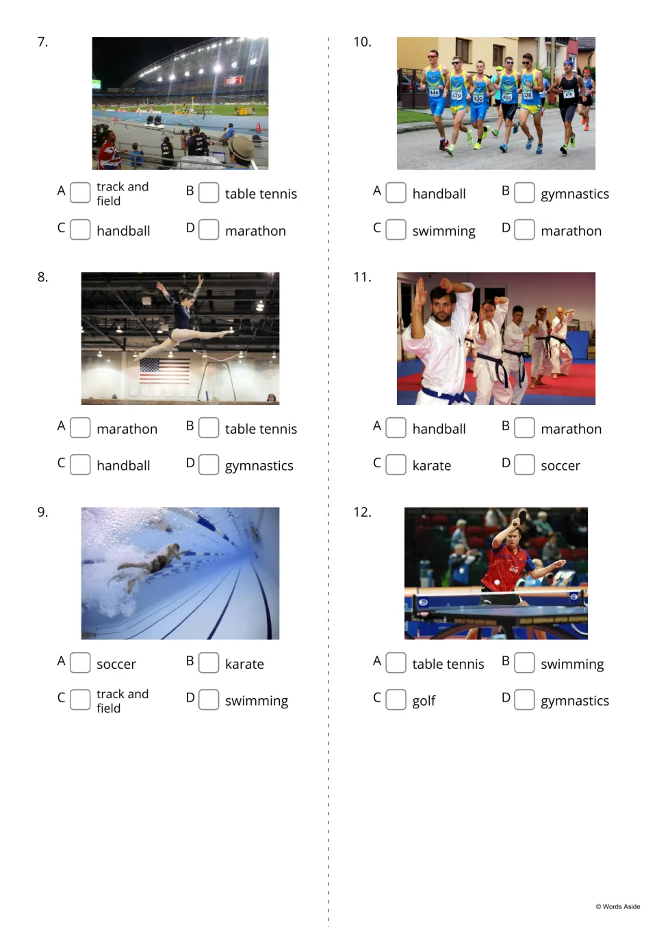 Sports photo identification items 7–12: track and field, gymnastics, swimming, marathon, karate, and table tennis