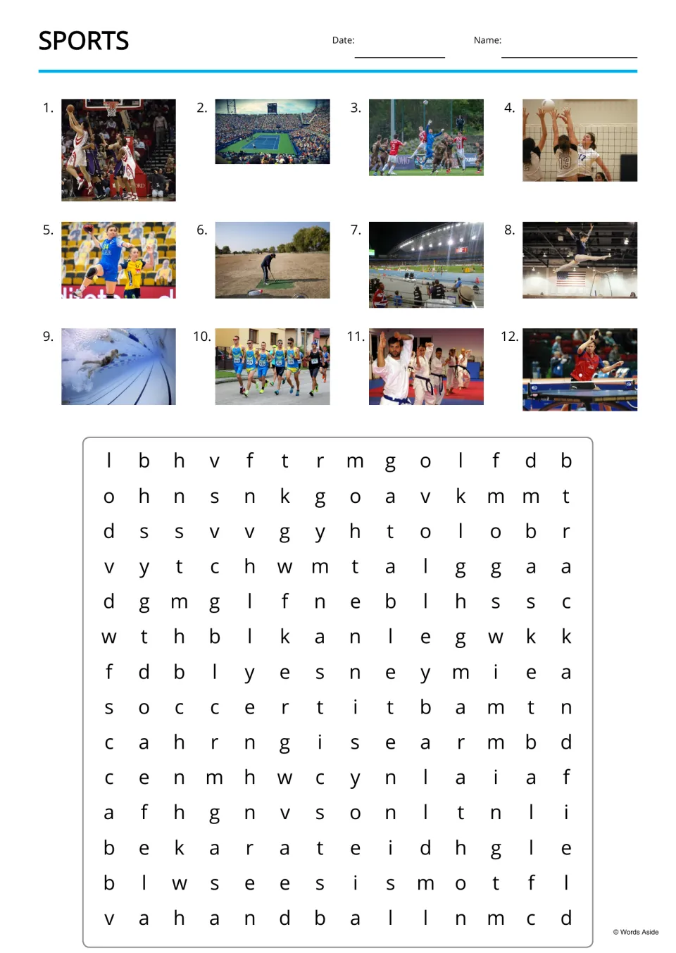 Sports word search uses 12 numbered photo clues for words including basketball, tennis, soccer, and volleyball
