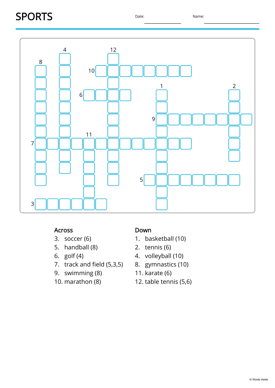 Sports crossword provides 12 word prompts and letter counts, including soccer, handball, golf, and basketball