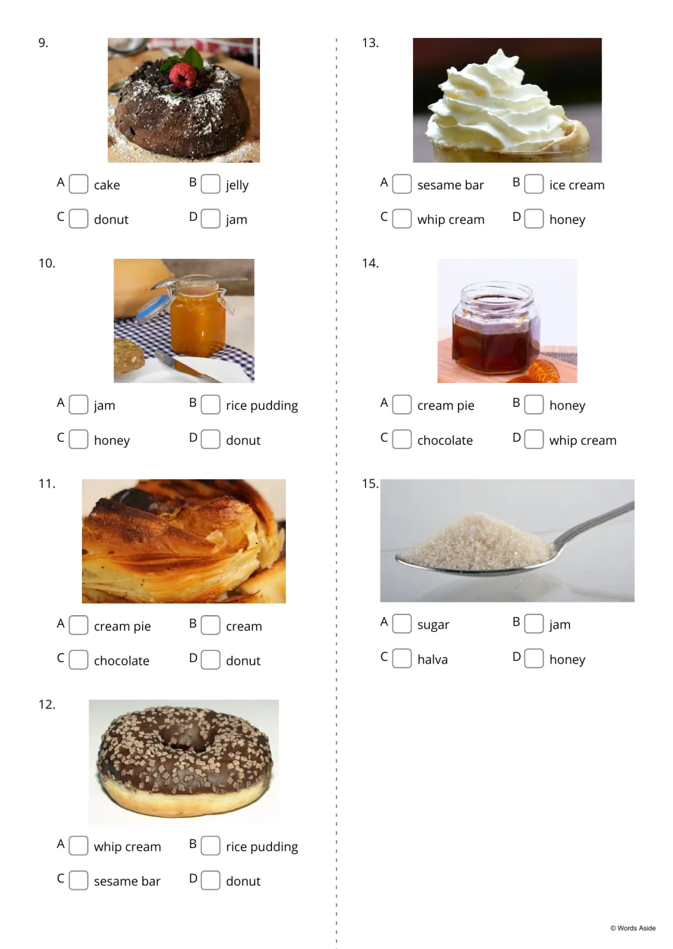 Sweets picture identification items 9–15 cover cake, jam, cream pie, donut, whip cream, honey, and sugar