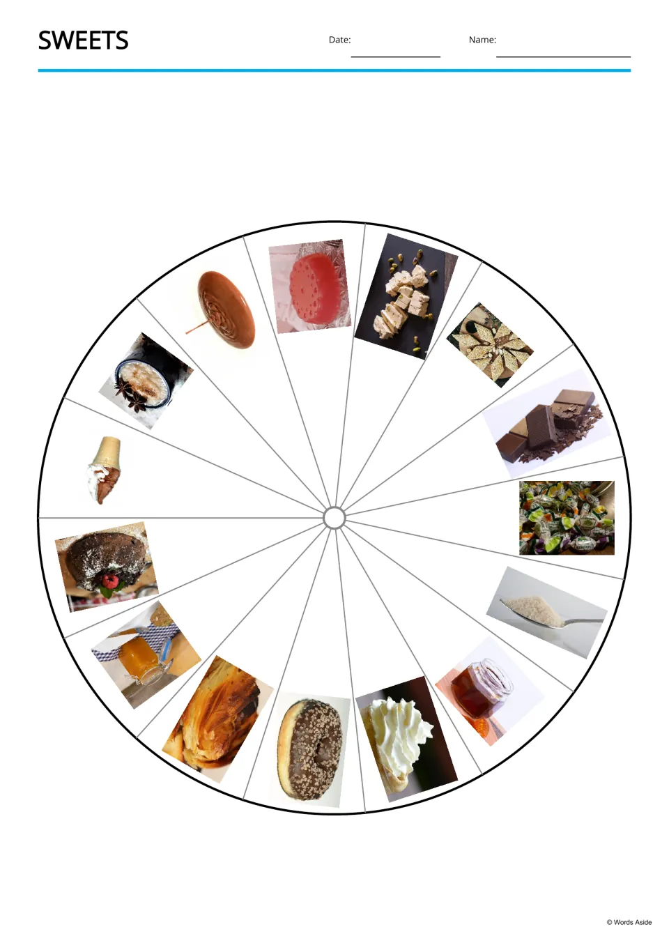 Sweets vocabulary picture wheel featuring all 15 foods, including jelly, halva, chocolate, and candy