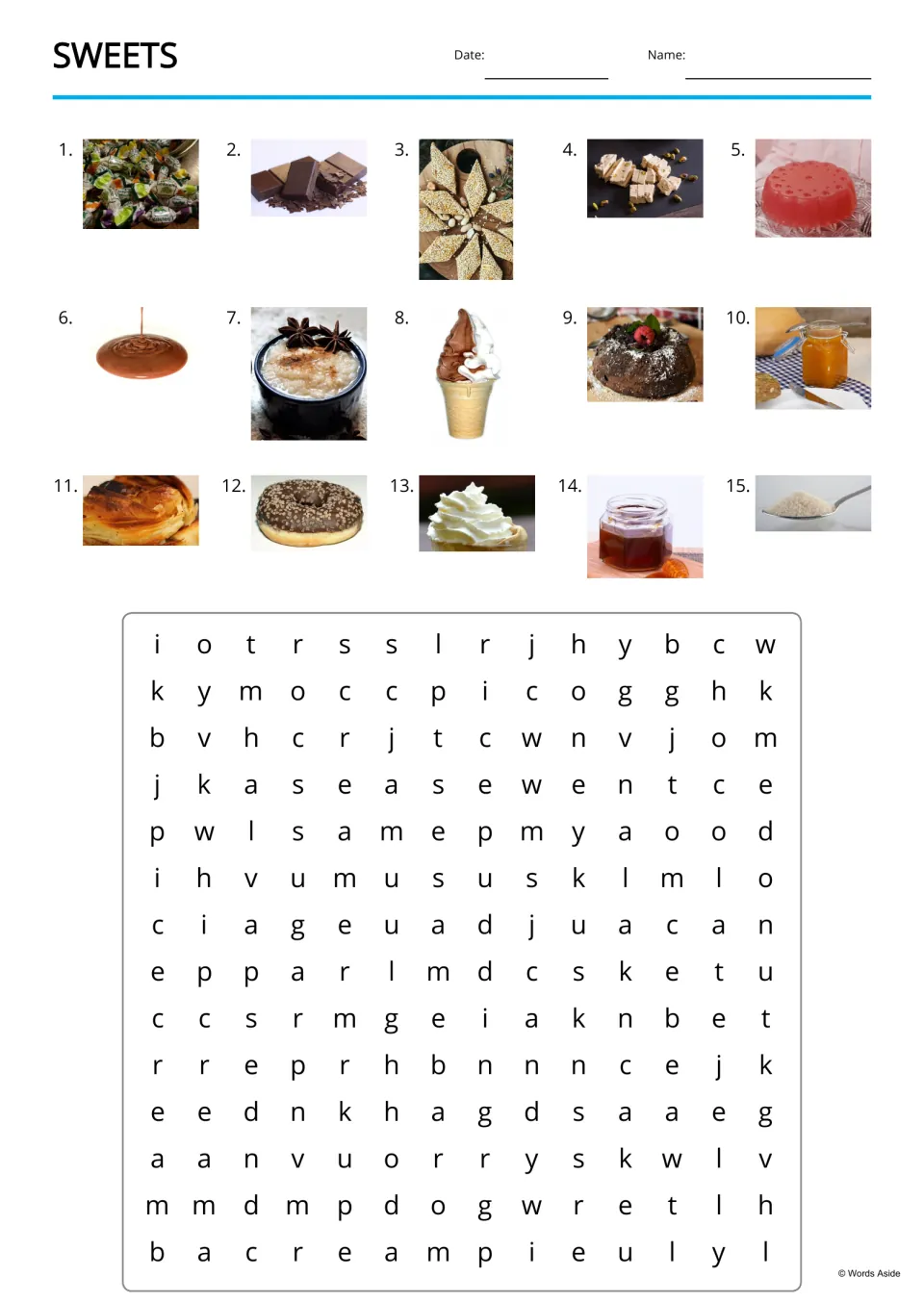 Sweets vocabulary word search uses 15 numbered picture clues, including candy, chocolate, and ice cream