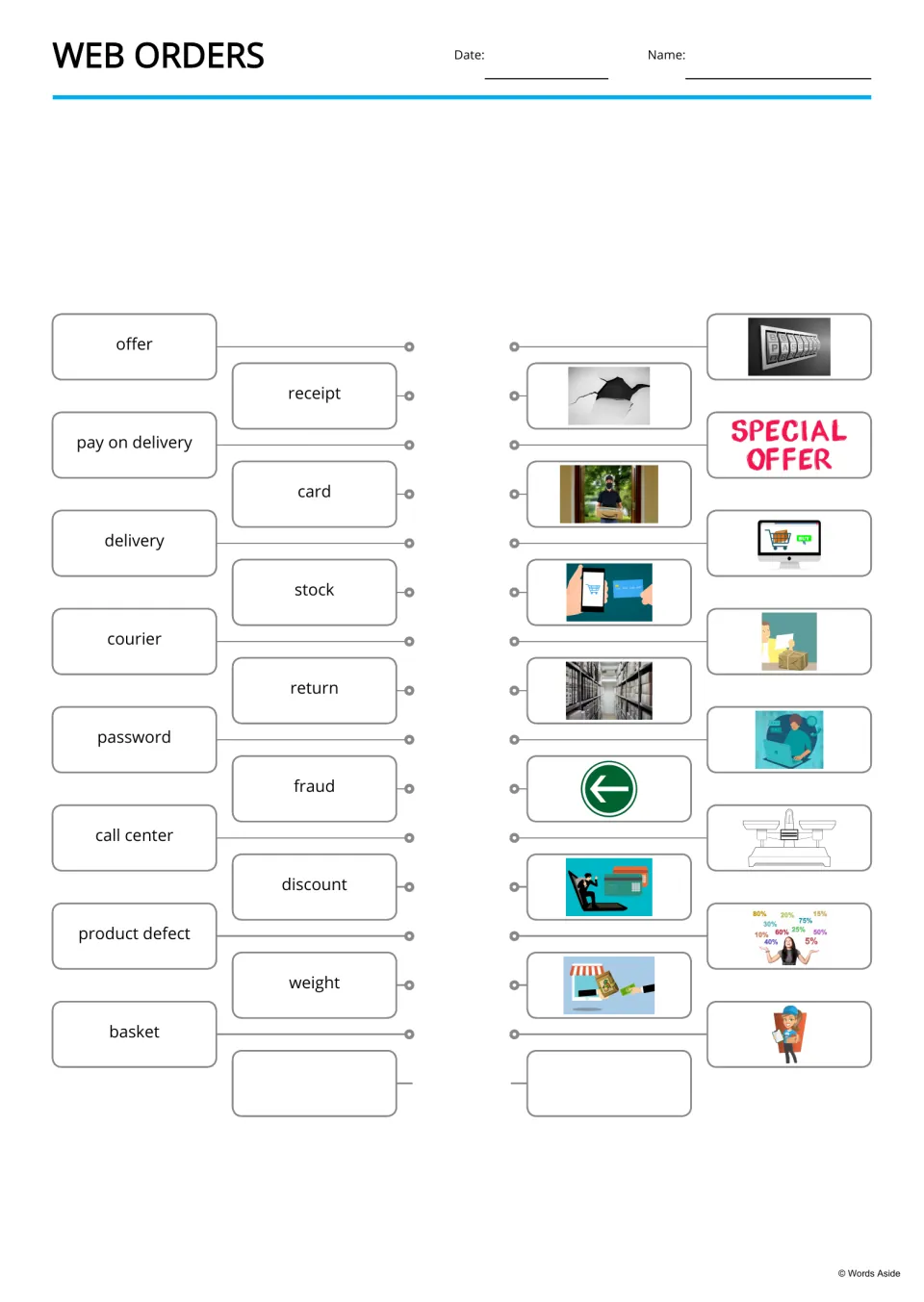 Word-to-picture matching for 15 web shopping terms, including offer, receipt, pay on delivery, and stock
