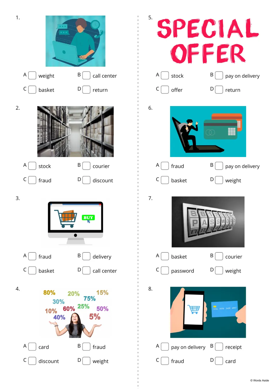 Picture-based vocabulary questions 1–8 ask students to choose words such as call center, stock, and basket