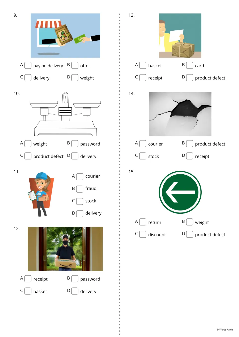 Picture-based vocabulary questions 9–15 cover pay on delivery, weight, courier, receipt, and three more