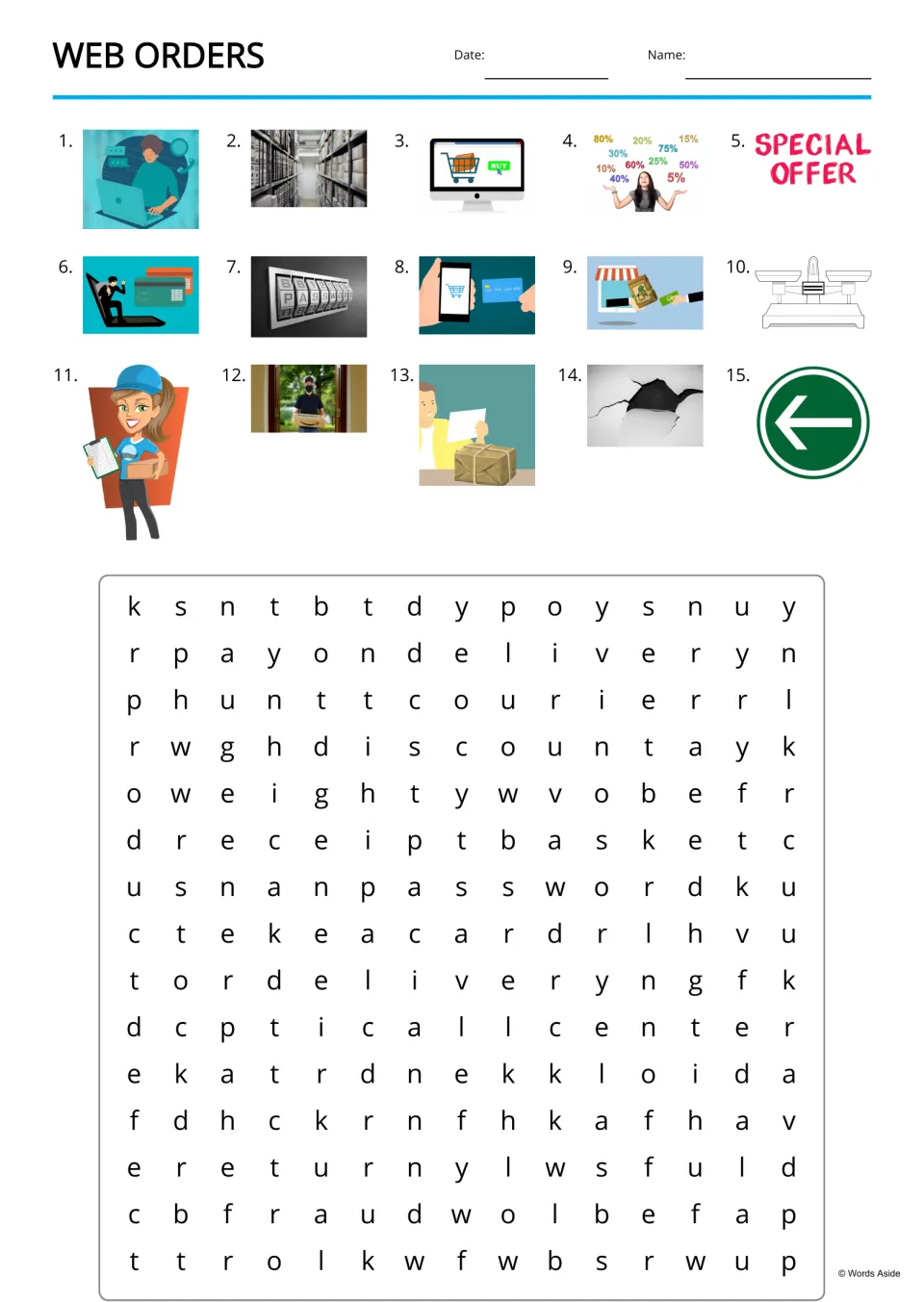 Web shopping word search uses 15 numbered picture clues for terms including courier, receipt, and password