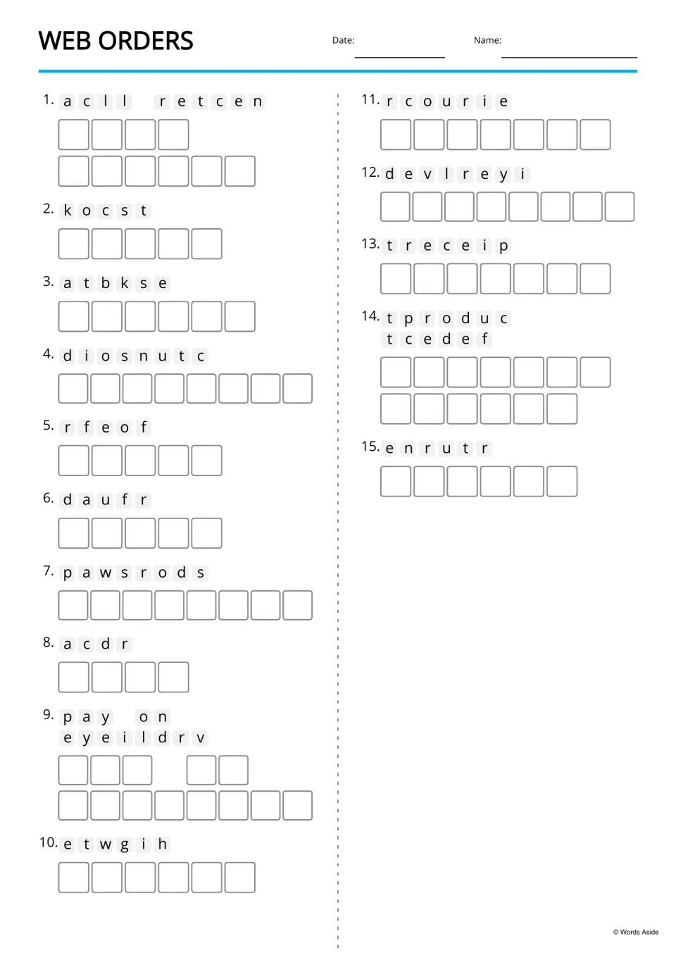 Text-only anagram practice for 15 web shopping terms, including call center, discount, fraud, and return