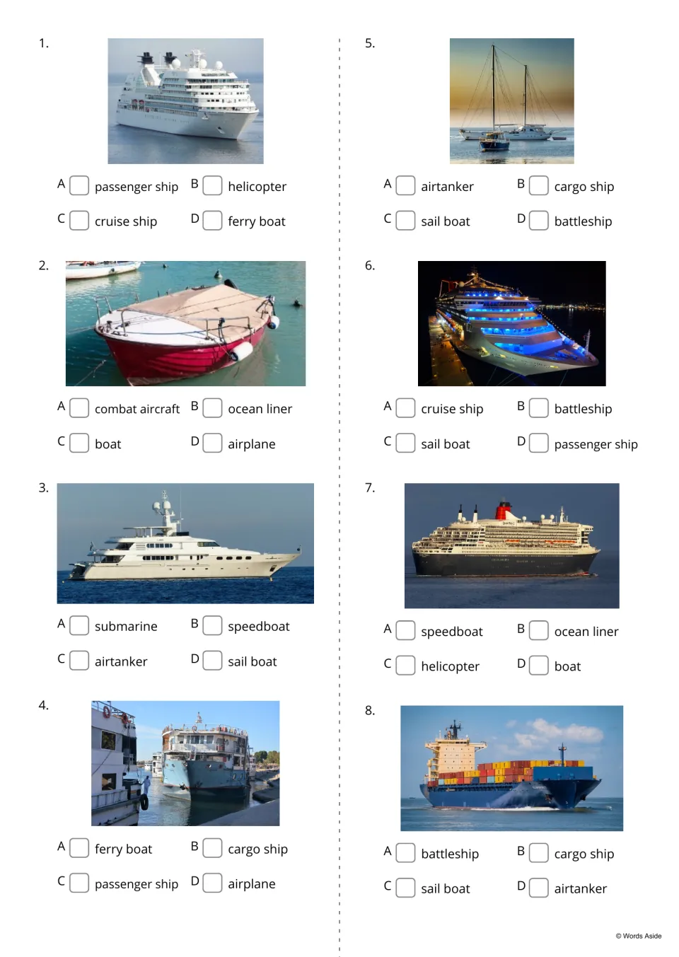 Vehicle photo quiz, items 1-8: students tick the correct name, such as cruise ship or sail boat, from four choices