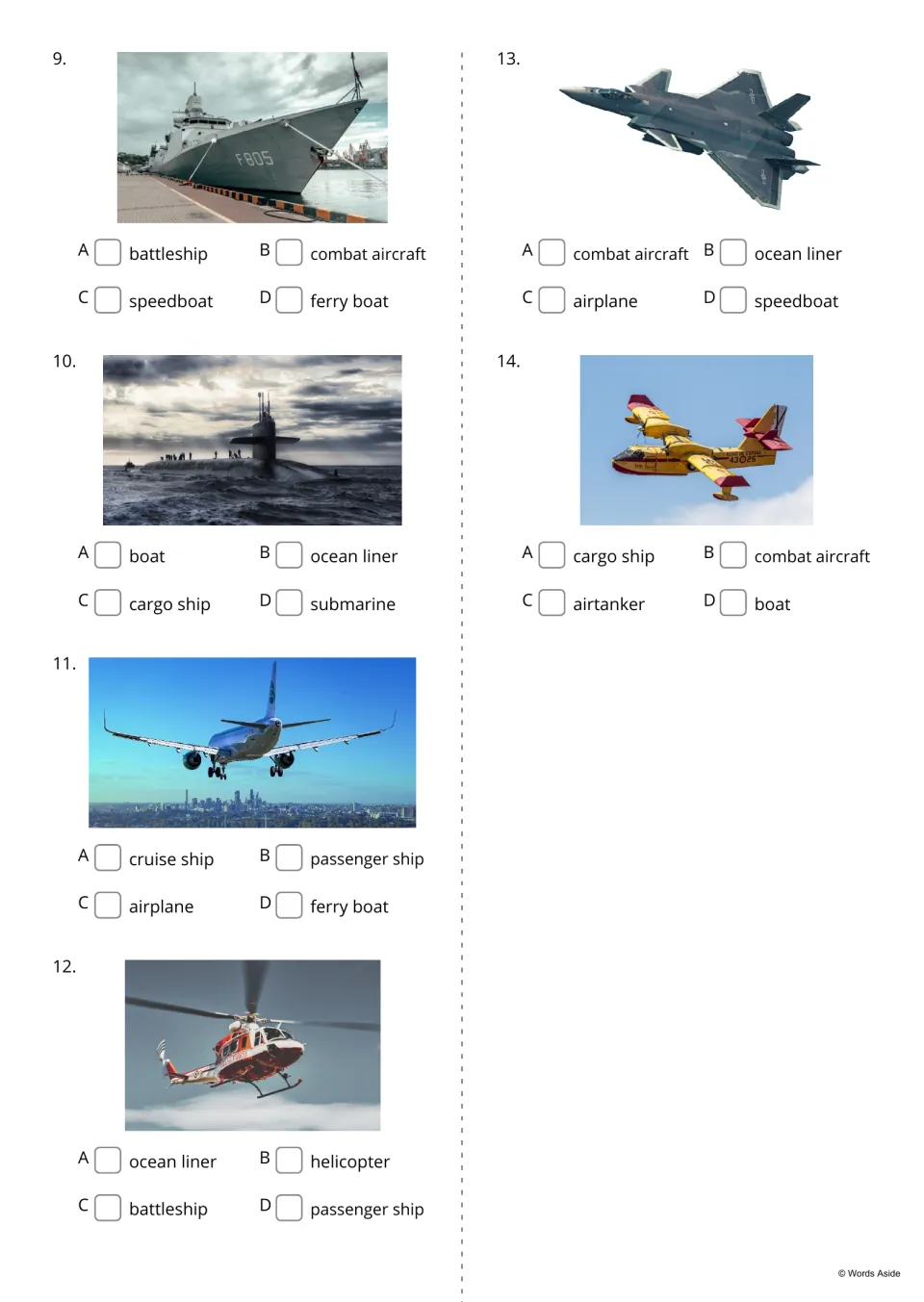 Multiple-choice identification, items 9-14: students pick the name for photos of a submarine, helicopter and airtanker