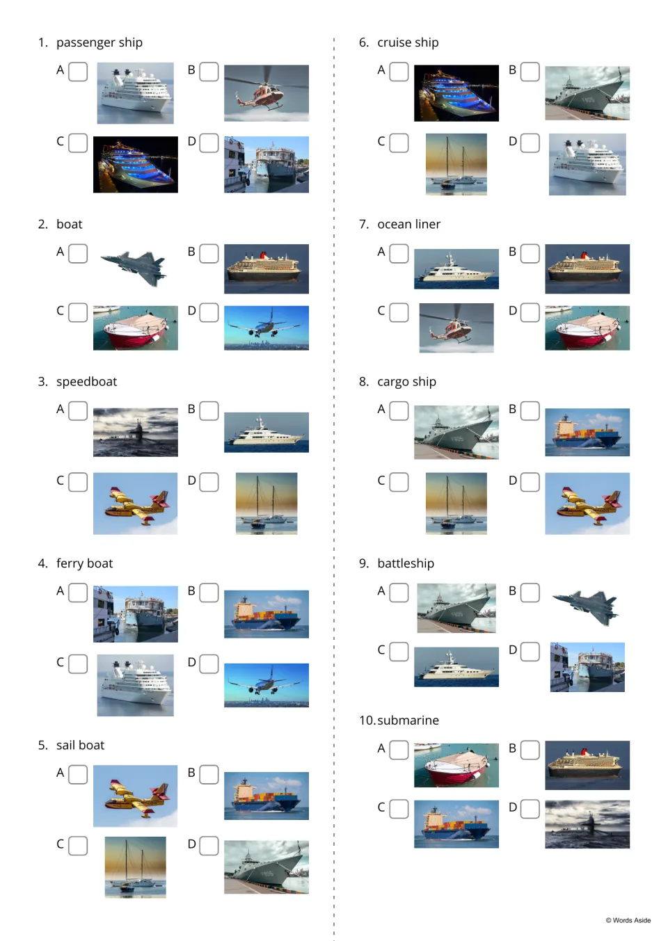 Word-to-picture quiz, items 1-10: students read a name like ferry boat or submarine and choose the matching photo