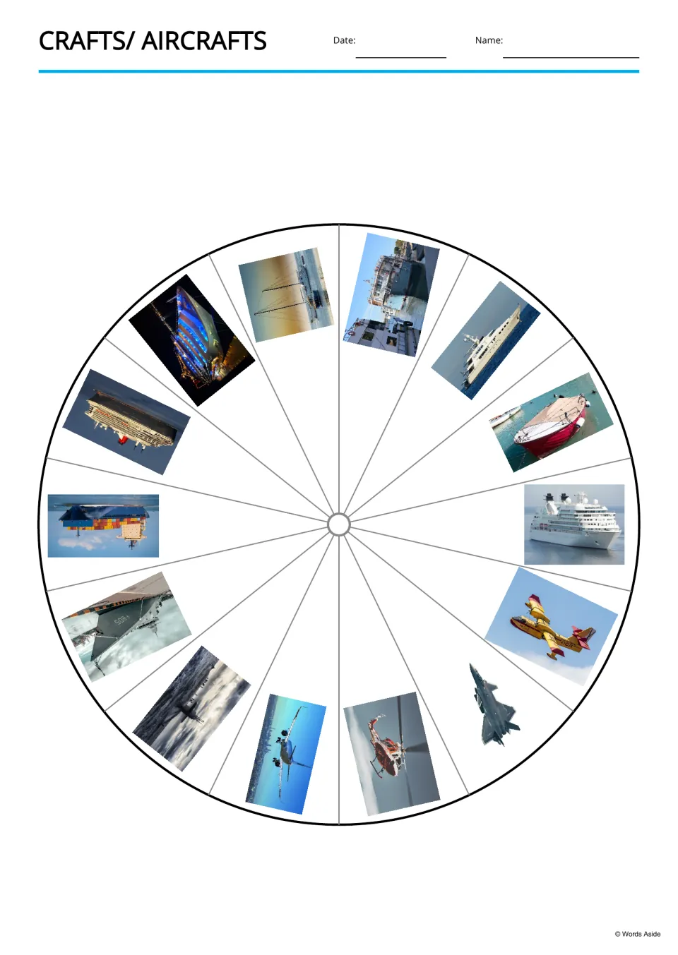 Vehicle picture wheel showing 14 ships, boats and aircraft, including a sail boat, helicopter and airtanker