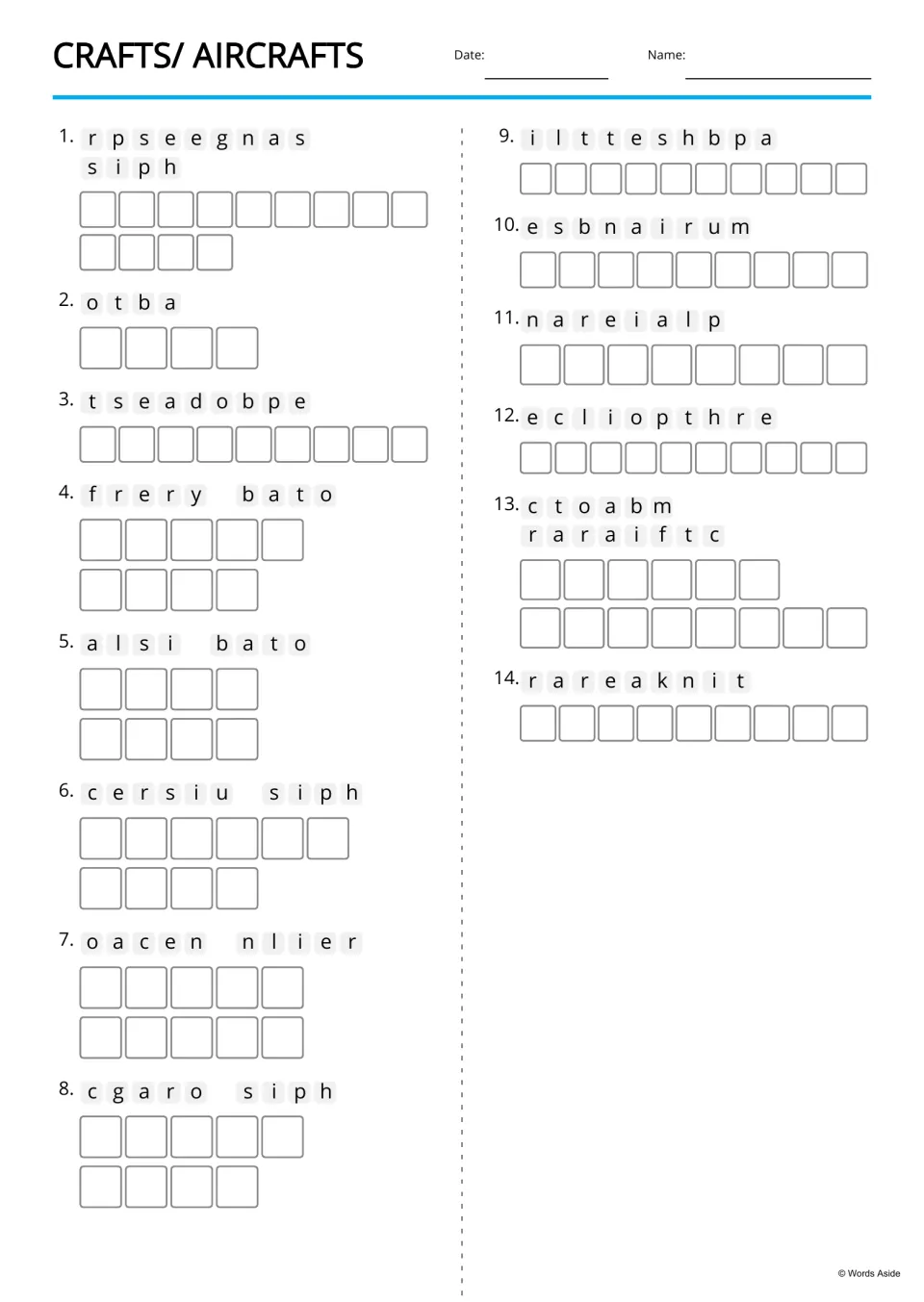 Text-only anagrams: students unscramble 14 craft names, e.g. passenger ship and helicopter, without picture clues