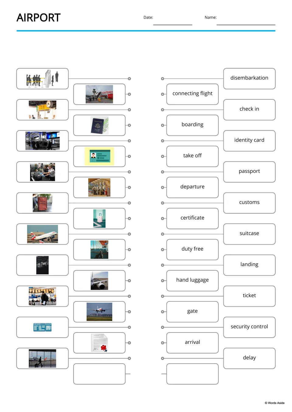 Airport picture-word matching: students connect 19 photos, such as a passport and a boarding plane, to terms like customs