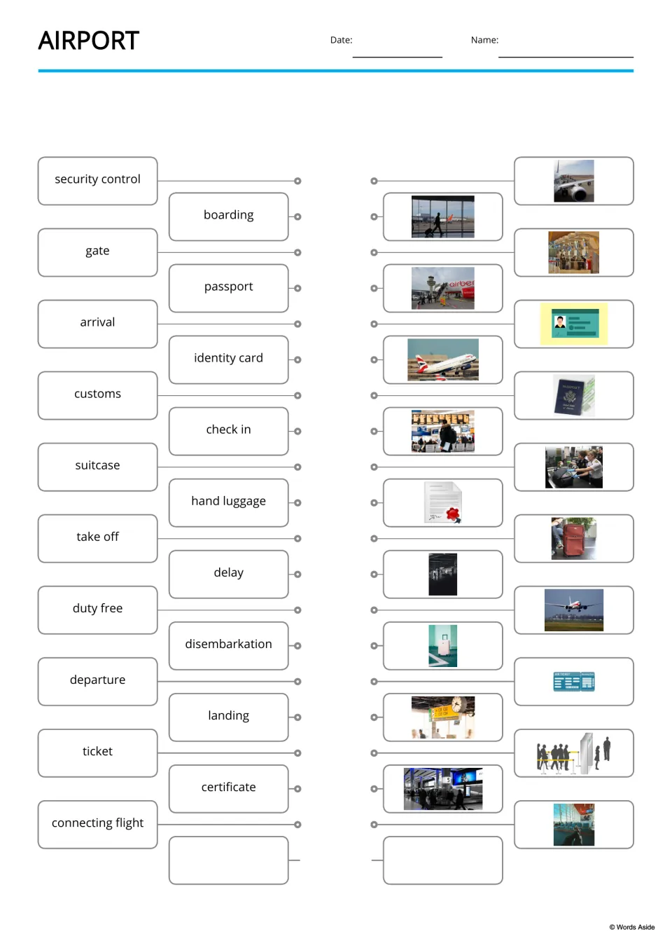 Airport word-to-picture matching: students link terms such as security control, gate and delay to the matching photo