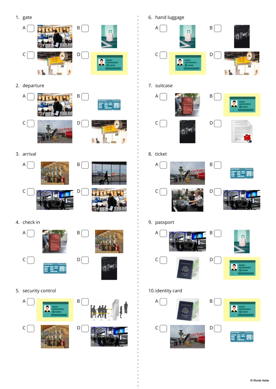 Airport vocabulary quiz, items 1–10: students read a word like gate or passport and tick which of four photos shows it