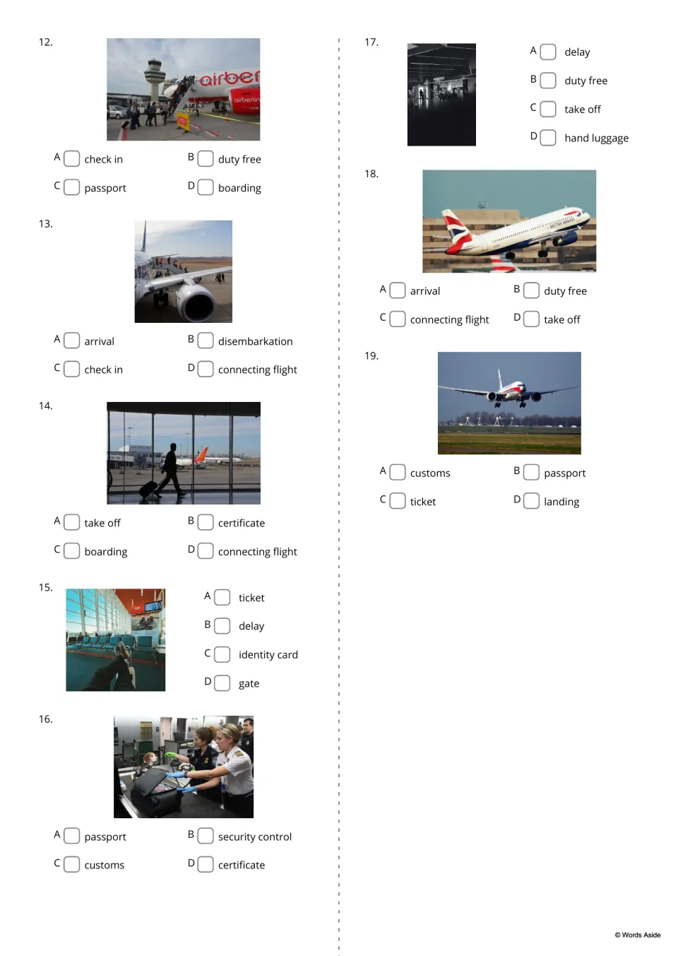 Airport word choice, items 12–19: students name each photo, such as a plane taking off, from four options like boarding