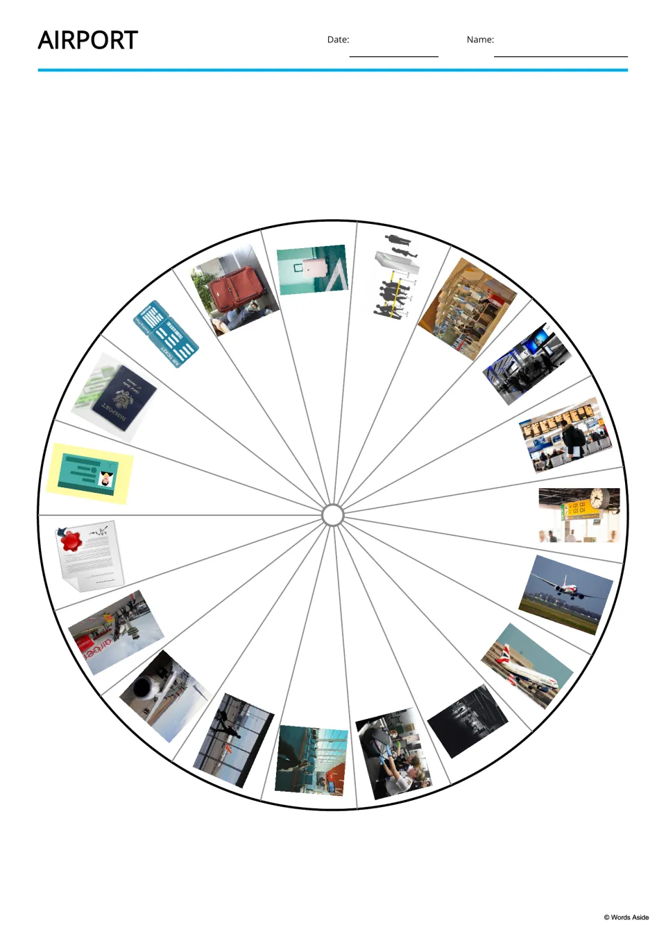 Airport picture wheel showing 19 vocabulary photos, including a passport, suitcase, ticket and landing plane