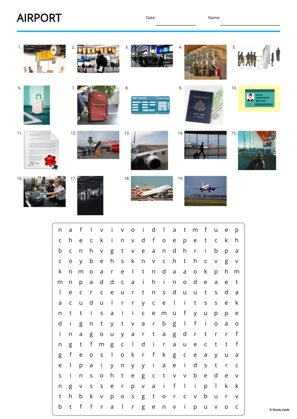 Airport word search: students find 19 hidden terms such as check in and passport, cued by numbered photos