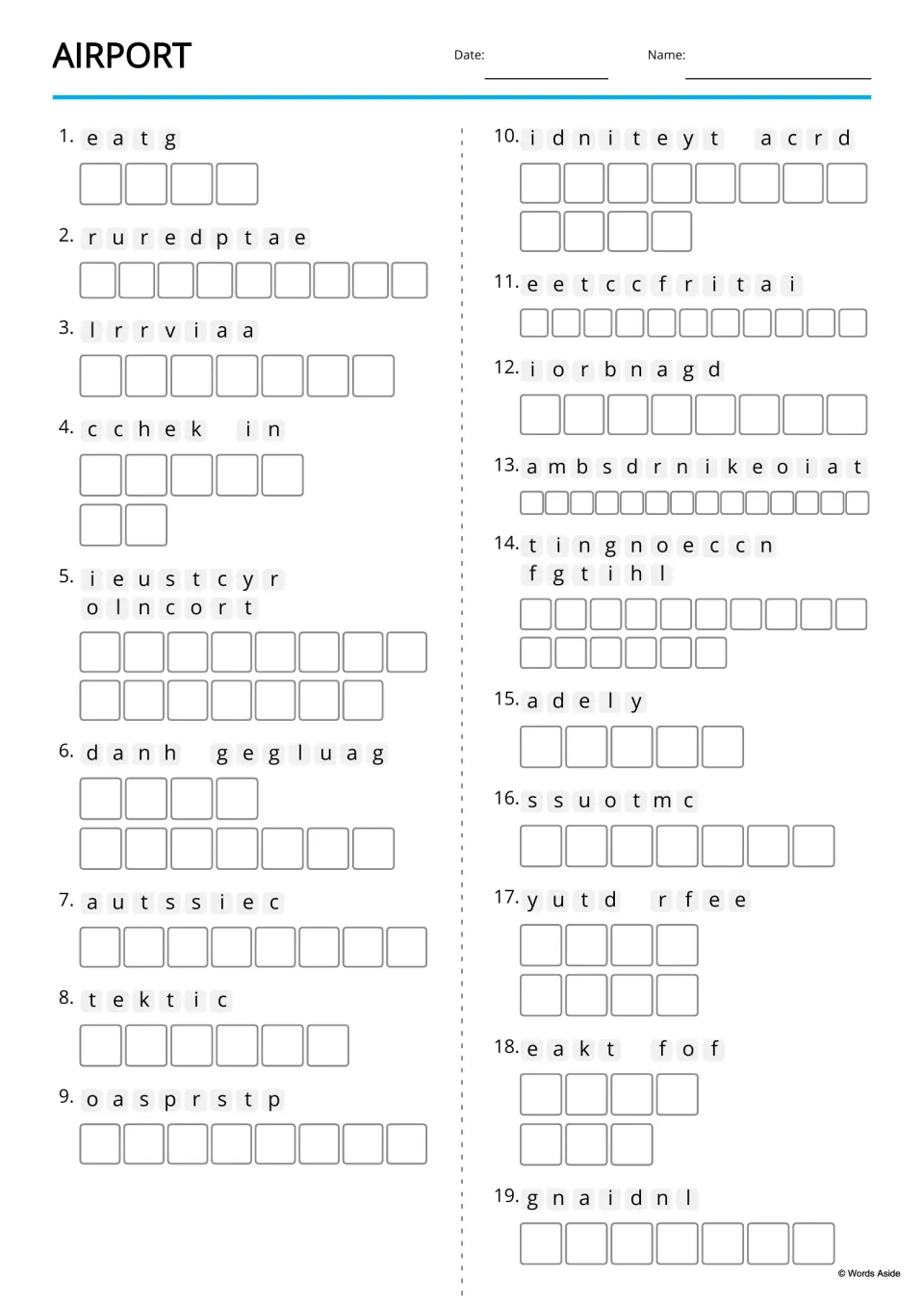 Airport anagrams without pictures: students unscramble 19 words like e-a-t-g and a-d-e-l-y from spelling alone