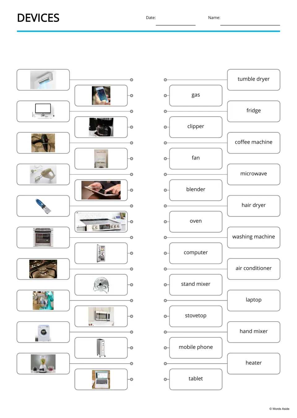 Device vocabulary matching pairs 20 photos with names, including tumble dryer, gas, fridge, and clipper.