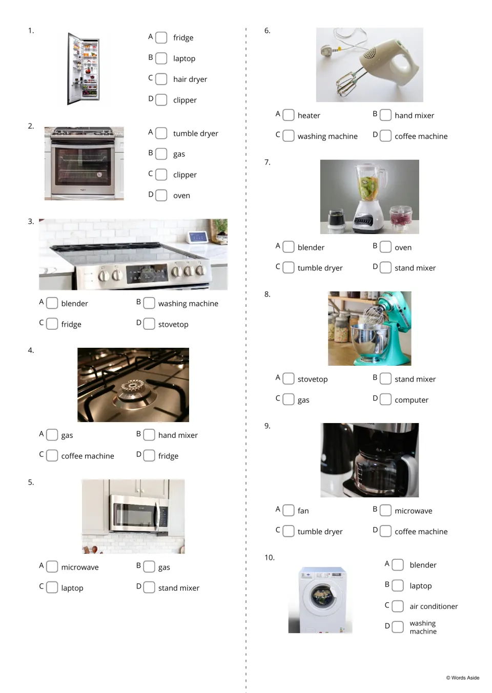 Device vocabulary questions 1–10 ask students to choose each photo's name, from fridge to washing machine.