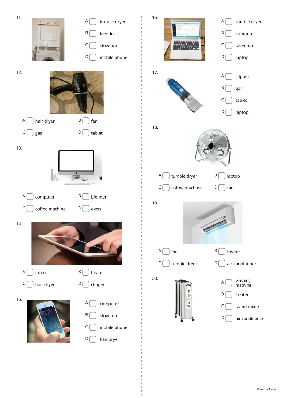 Device vocabulary questions 11–20 ask students to choose each photo's name, from tumble dryer to heater.