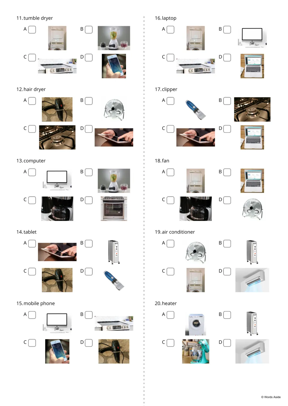 Device vocabulary questions 11–20 ask students to choose a photo for each name, including laptop and fan.