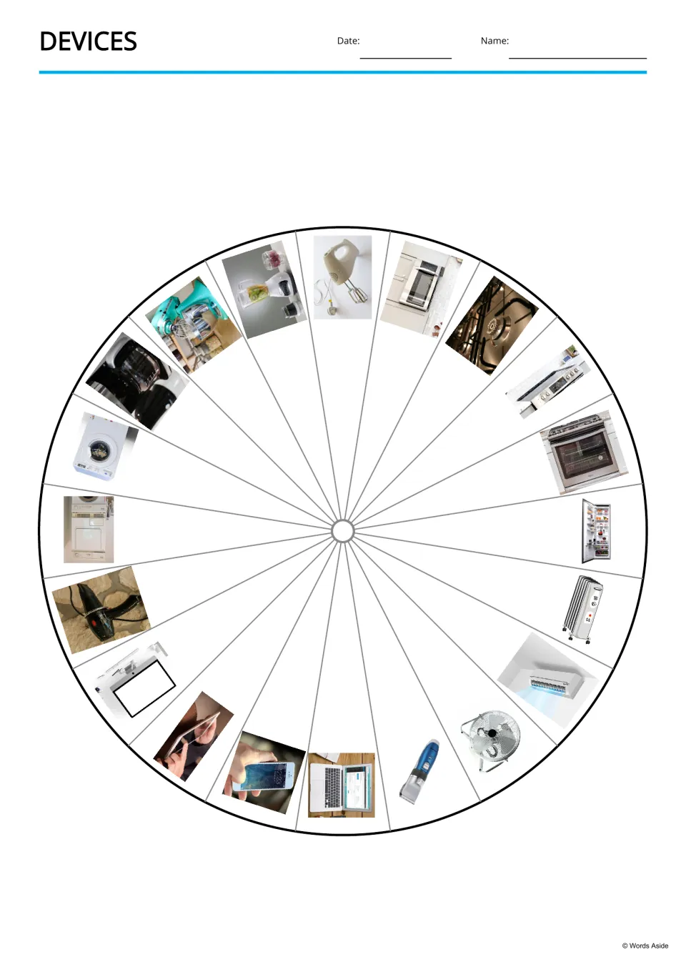 Device vocabulary picture wheel shows all 20 items, including a fridge, hand mixer, tablet, and heater.