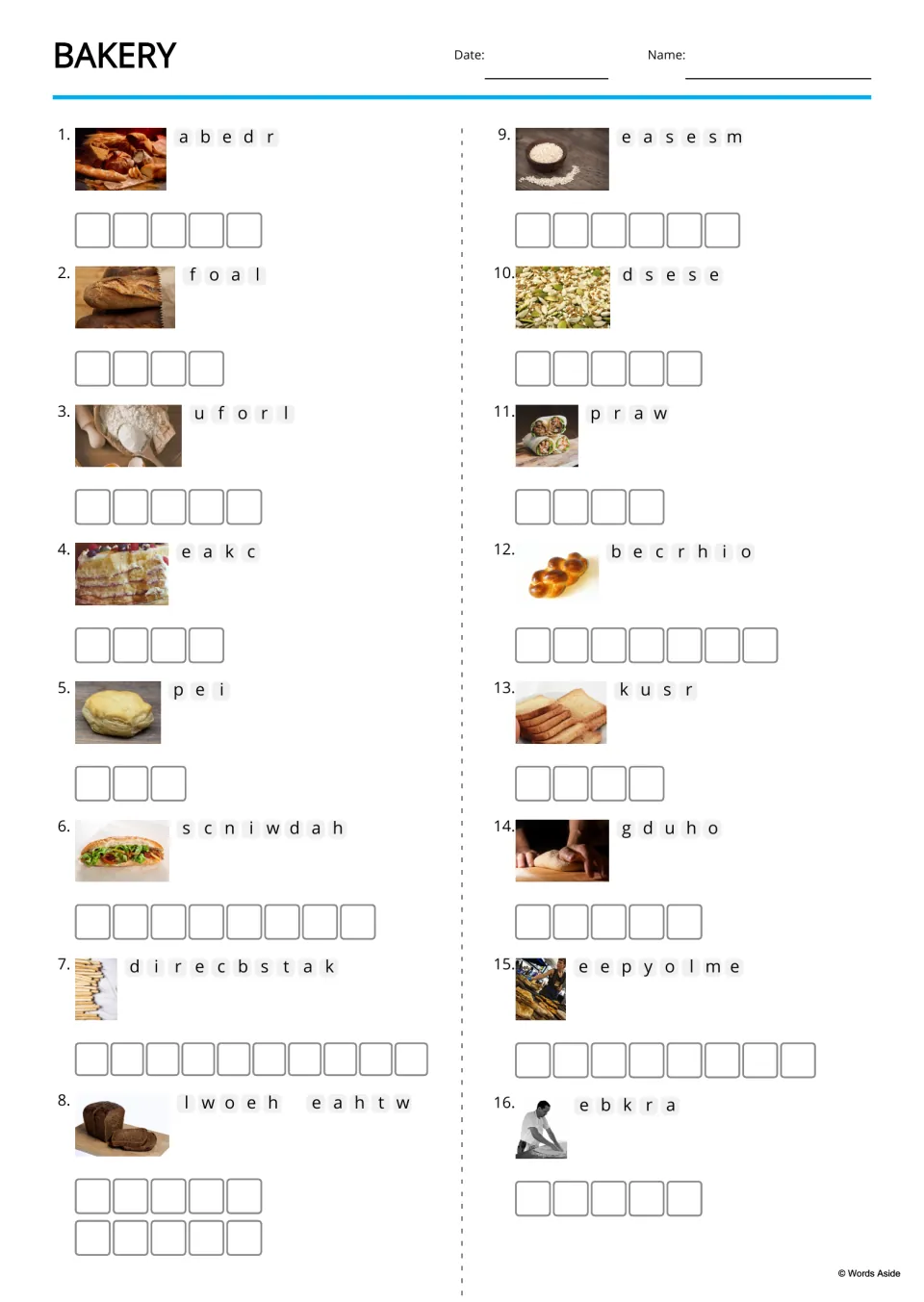 Picture-supported bakery anagrams for 16 words, including bread, loaf, flour, cake, pie, and sandwich