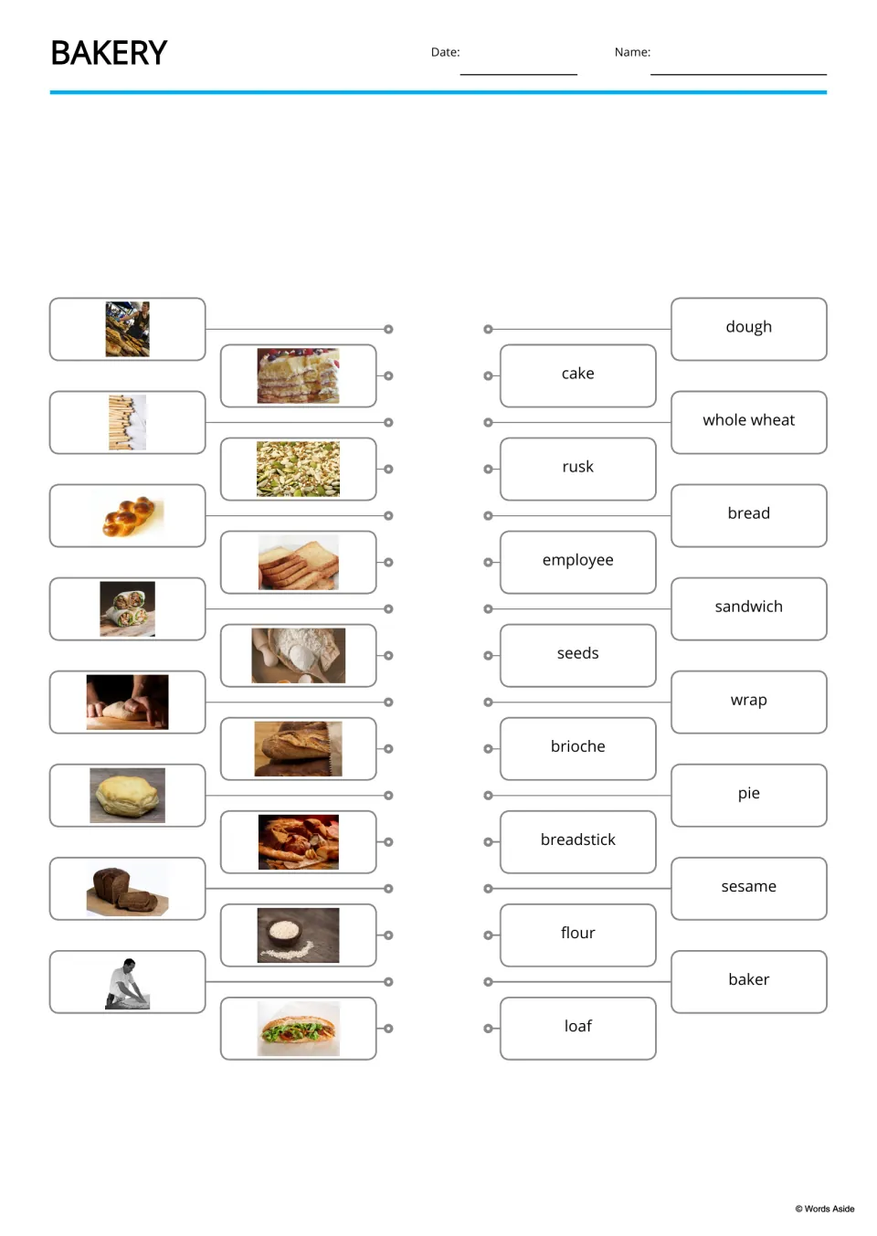 Bakery picture-to-word matching for 16 terms, including cake, seeds, rusk, flour, loaf, and whole wheat