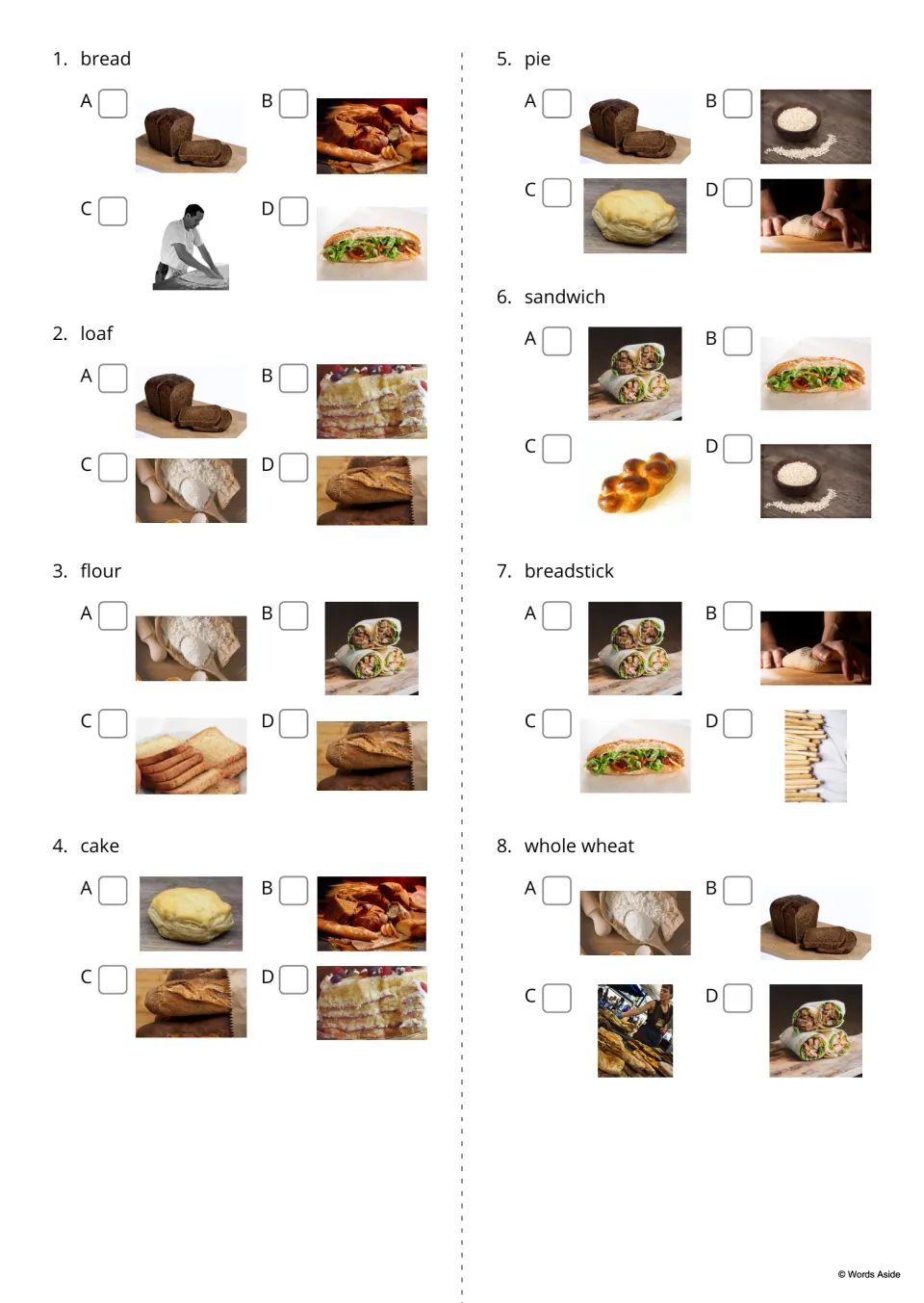 Bakery vocabulary questions 1–8 offer four photo choices for bread, loaf, flour, cake, and four more terms