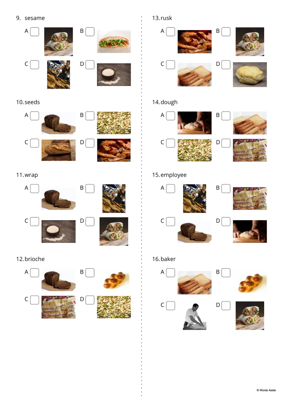 Bakery vocabulary questions 9–16 offer four photo choices for sesame, seeds, wrap, and five more terms