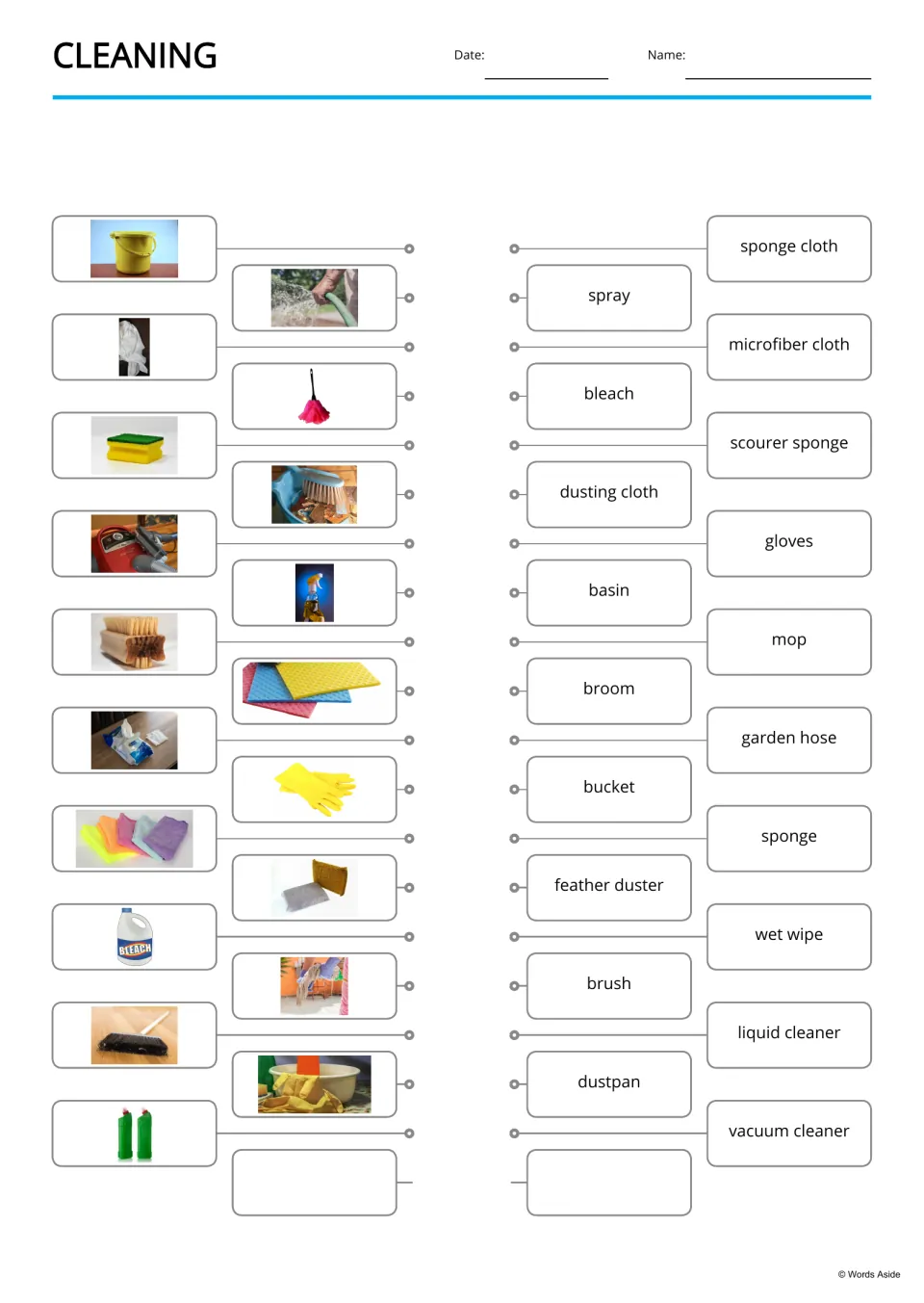 Picture-to-word matching practice uses 19 cleaning items, including broom, garden hose and liquid cleaner.