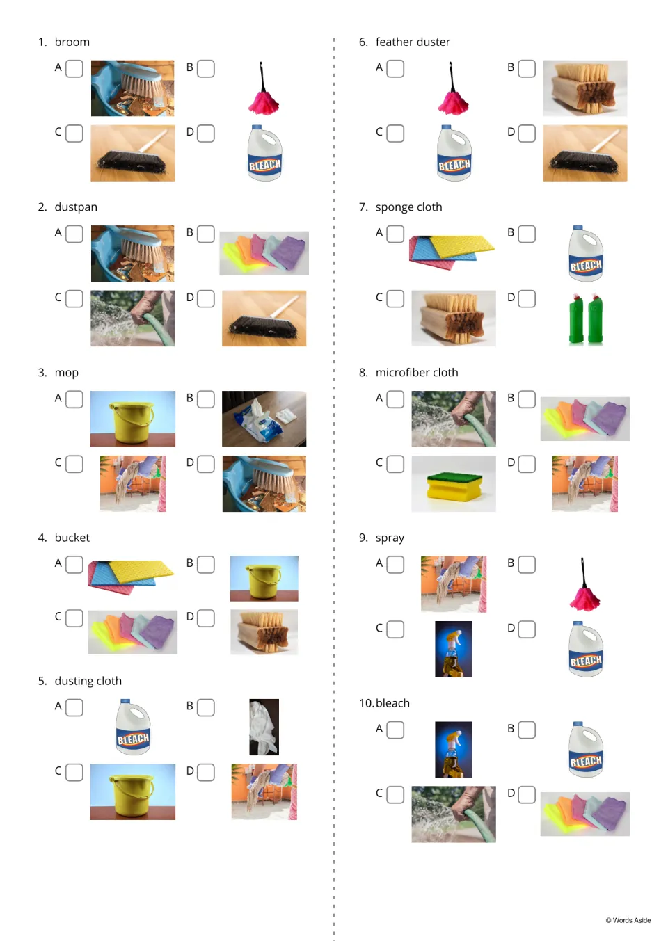 Cleaning word questions 1–10 offer four picture choices each for broom, dustpan, bucket and seven more.