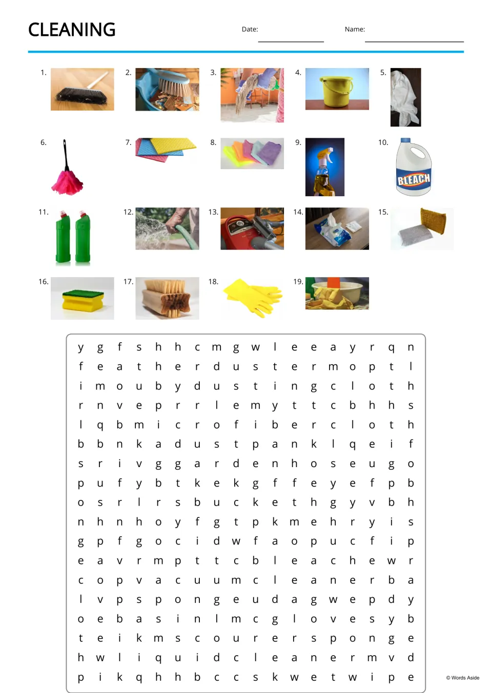 Cleaning vocabulary word search has 19 numbered picture clues, including broom, dustpan and garden hose.