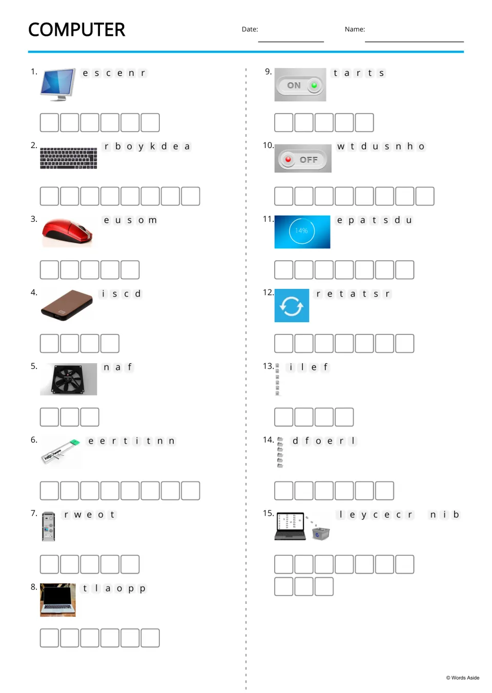 Computer vocabulary anagrams: students unscramble 15 words like screen and keyboard, using a picture clue for each