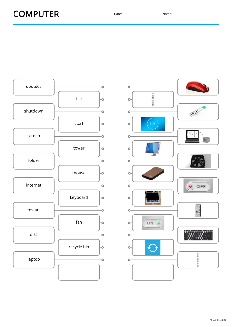 Computer word matching: students draw lines to link 15 words such as updates, file and shutdown to their pictures