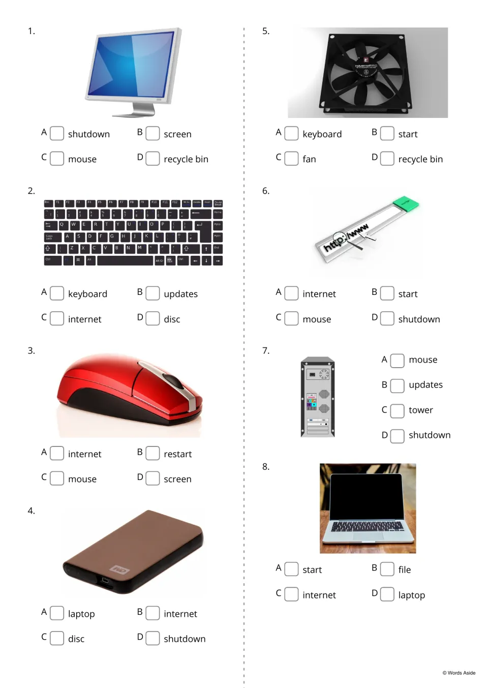 Computer vocabulary quiz, items 1 to 8: students tick the word naming each picture, such as screen, keyboard or fan