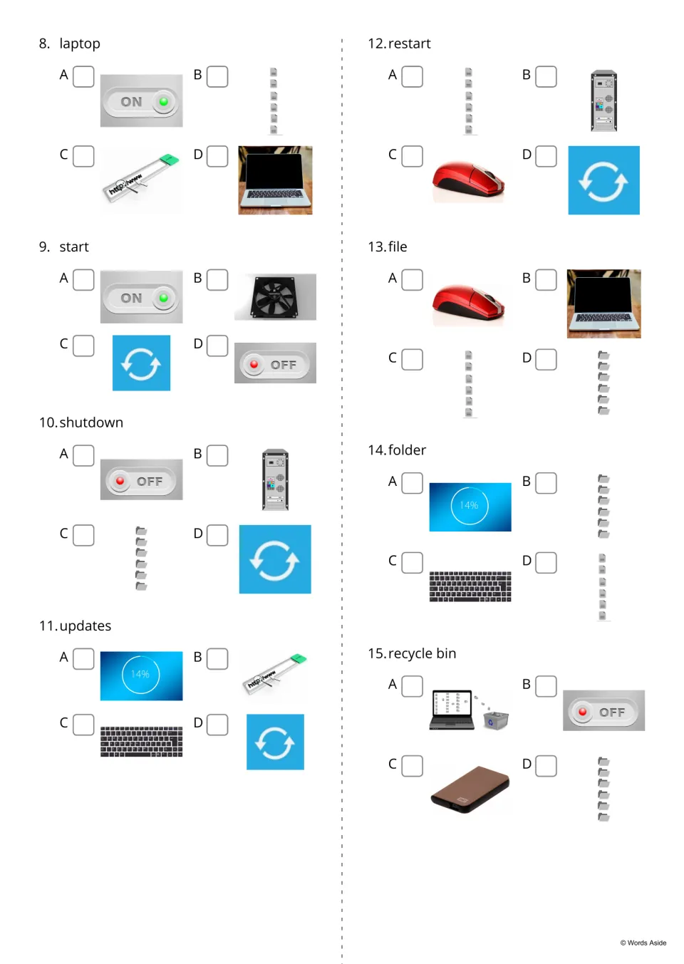 Word-to-picture quiz, items 8 to 15: students read laptop, start, shutdown or folder and tick the right image