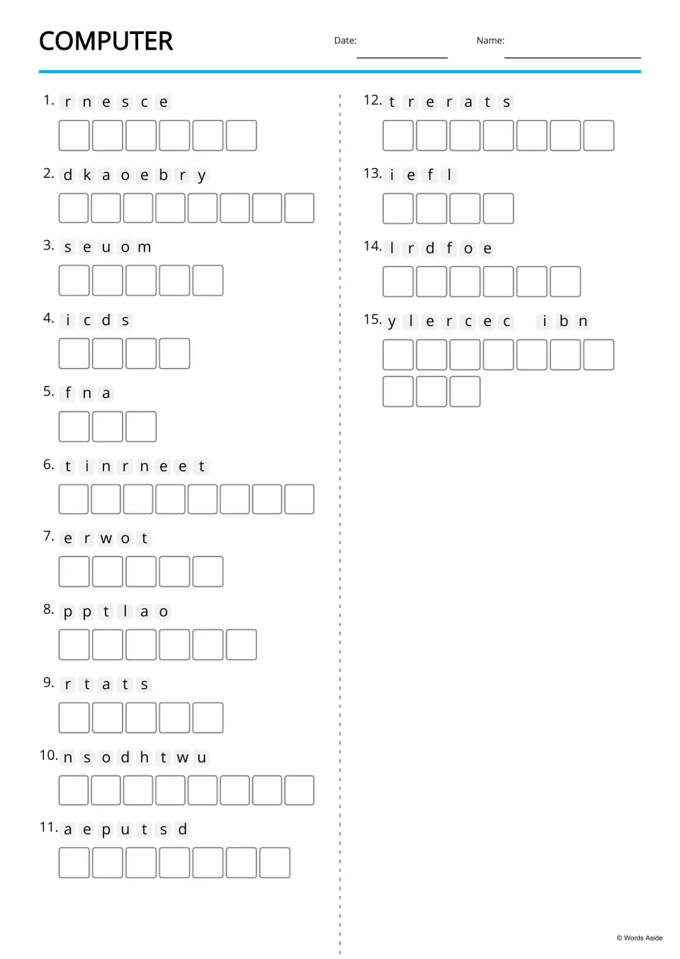Computer anagrams without pictures: students unscramble 15 letter sets such as rnesce and dkaoebry into vocabulary words